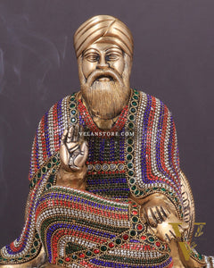 Brass Baba Guru Nanak Dev Ji Statue - Sacred Sikh Religious Sculpture 11 inch jewelled up meenakari