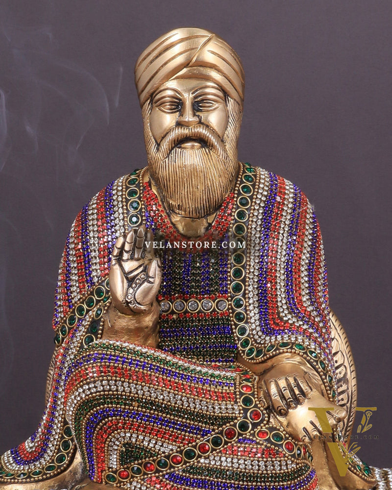 Brass Baba Guru Nanak Dev Ji Statue - Sacred Sikh Religious Sculpture 11 inch jewelled up meenakari