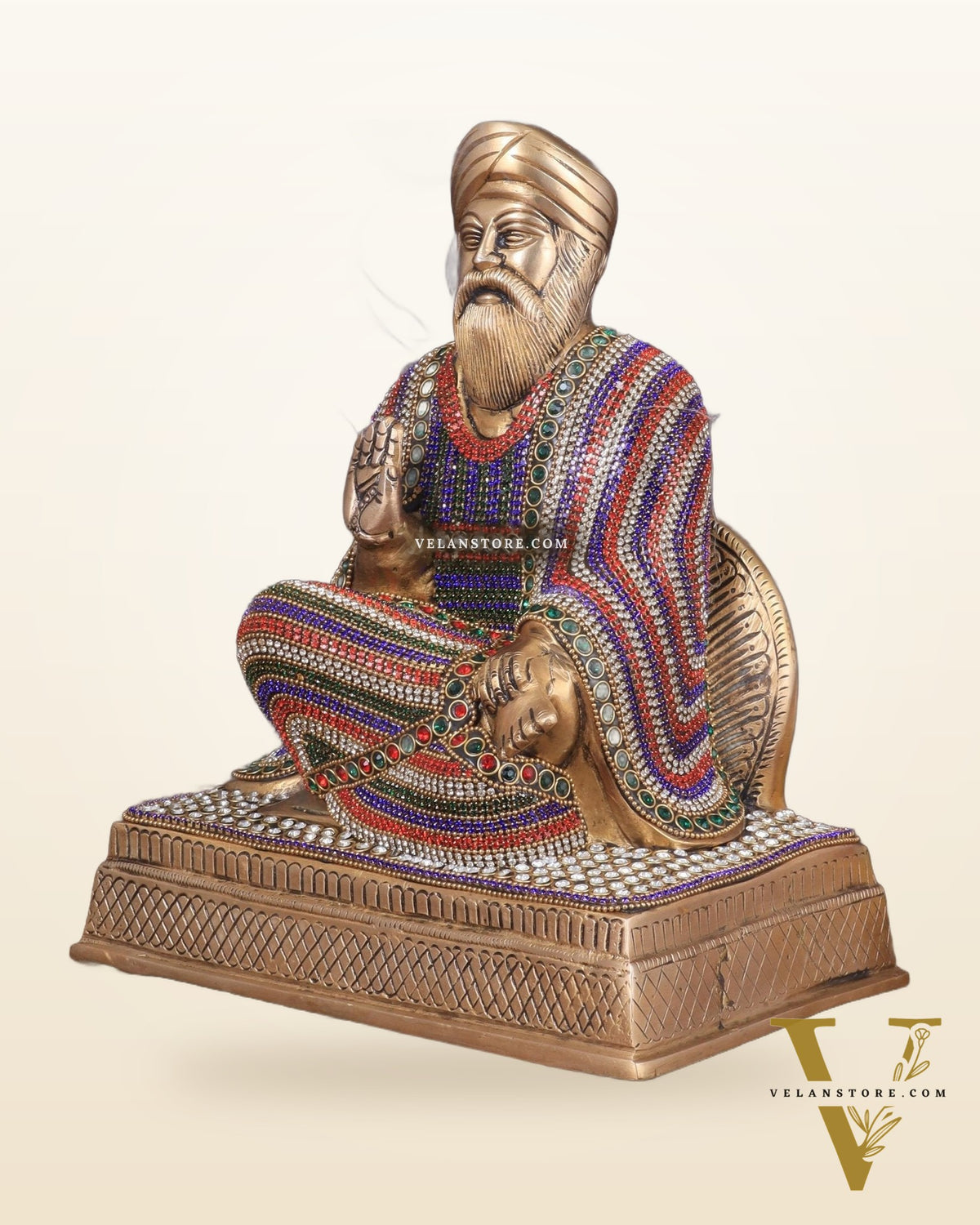 Brass Baba Guru Nanak Dev Ji Statue - Sacred Sikh Religious Sculpture 11 inch jewelled up meenakari
