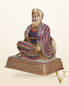 Brass Baba Guru Nanak Dev Ji Statue - Sacred Sikh Religious Sculpture 11 inch jewelled up meenakari