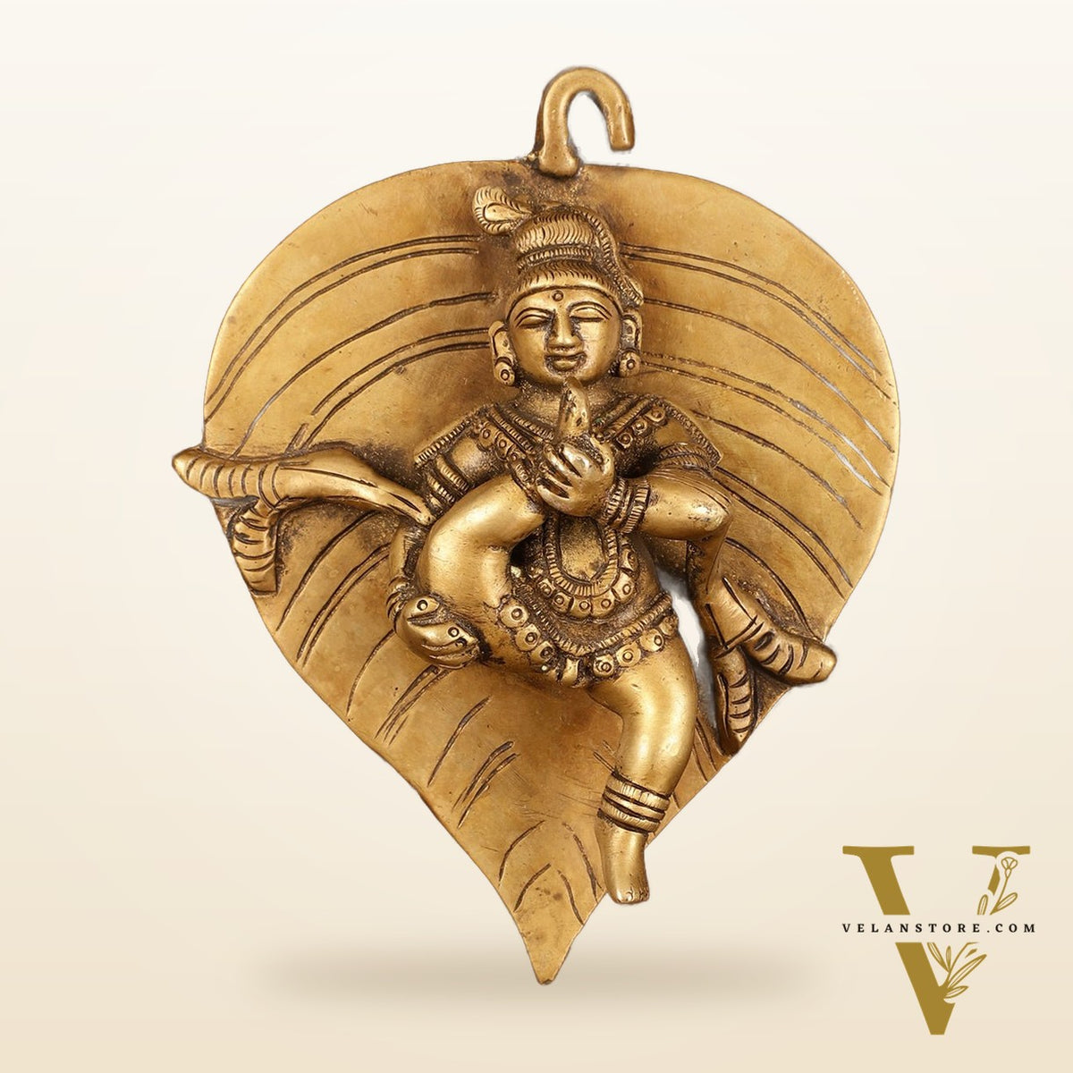 Brass Baby Krishna Baal Gopal Resting on a Leaf Hanging on Wooden Frame with Premium Fabric - 13" x 14"