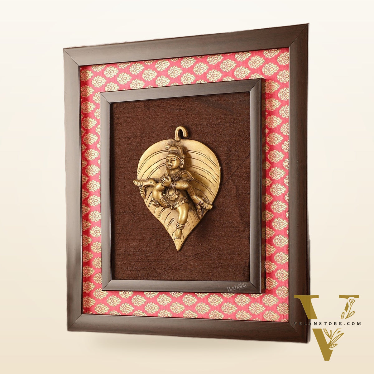 Brass Baby Krishna Baal Gopal Resting on a Leaf Hanging on Wooden Frame with Premium Fabric - 13" x 14"