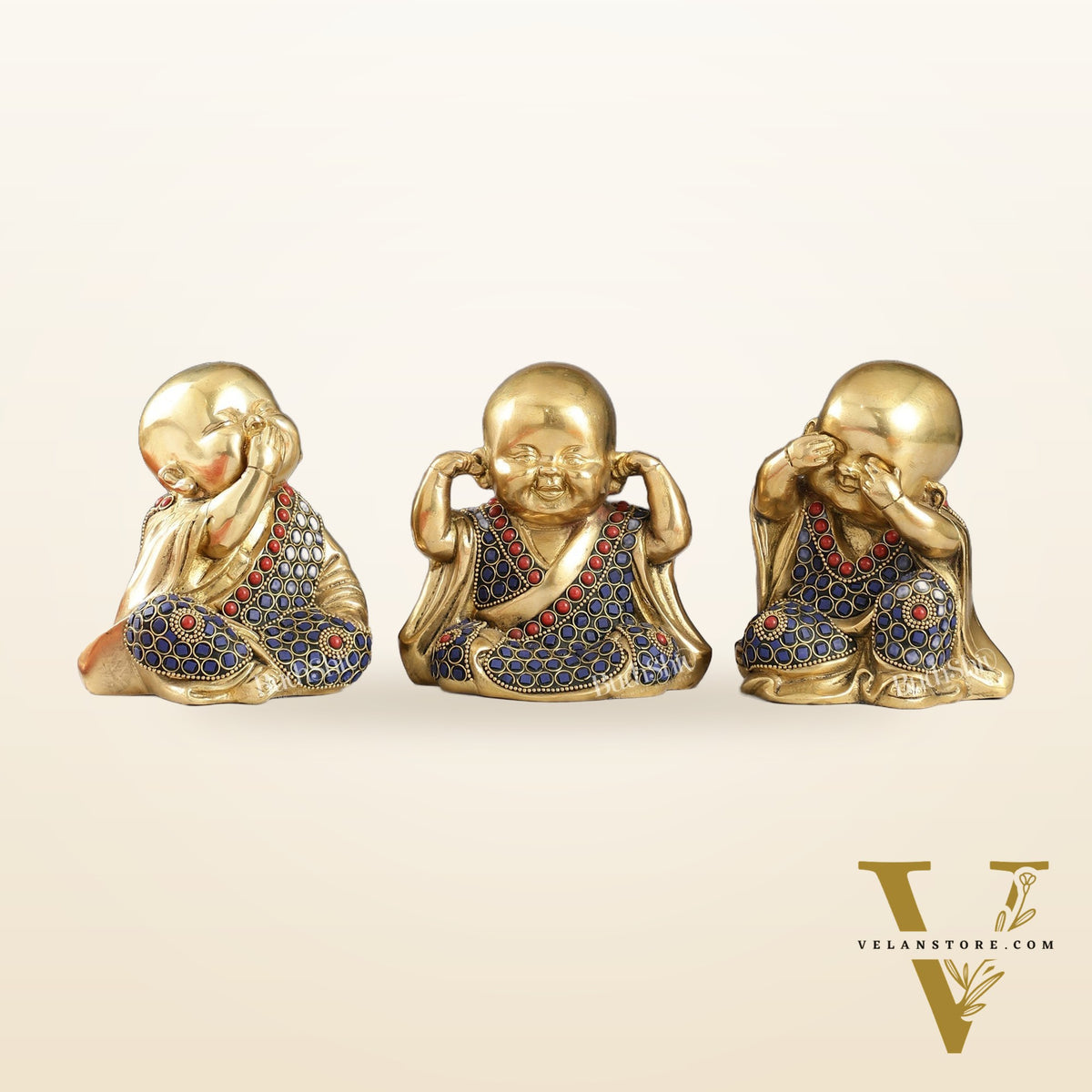 Brass Baby Laughing Buddha Monks 5 inch set of 3