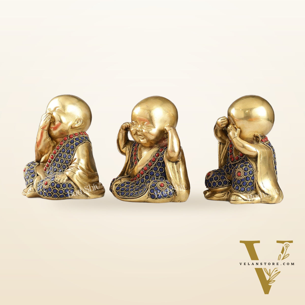 Brass Baby Laughing Buddha Monks 5 inch set of 3