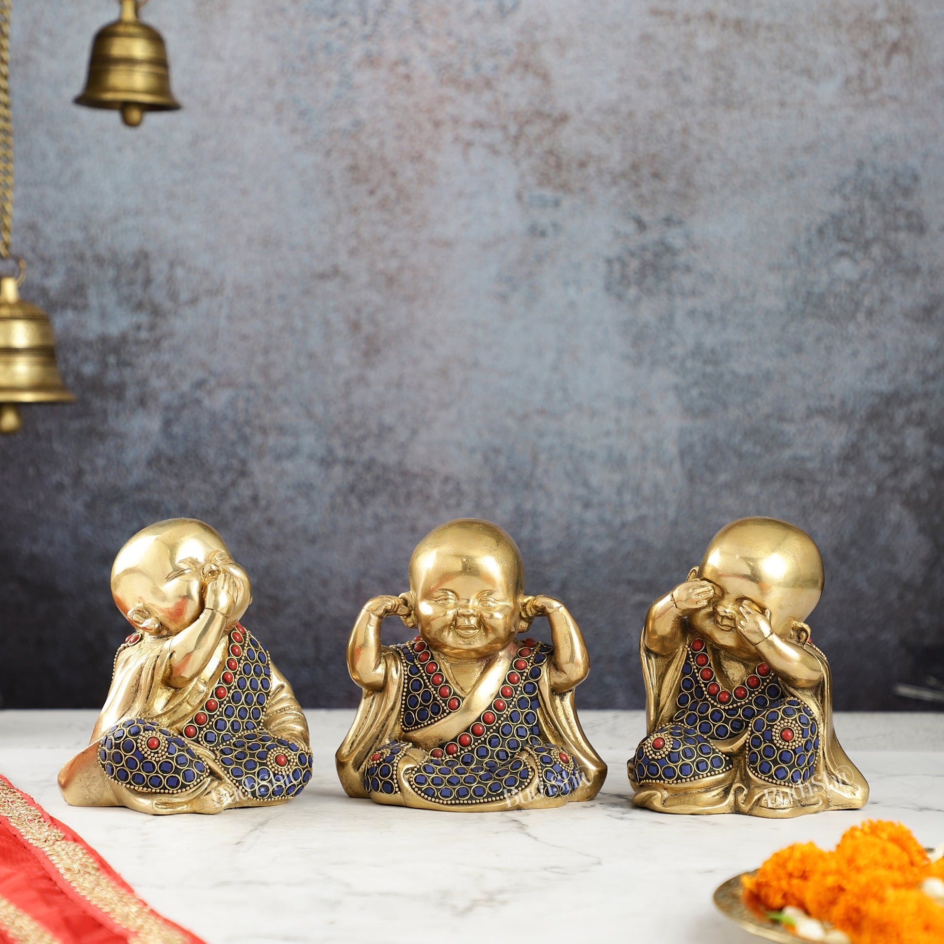 Brass Baby Laughing Buddha Monks 5 inch set of 3