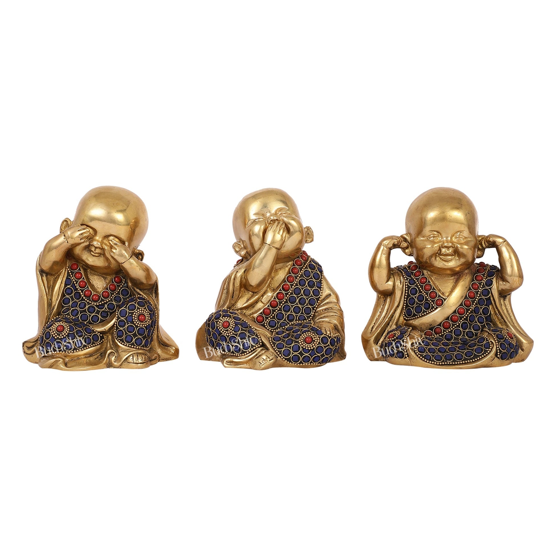Brass Baby Laughing Buddha Monks 5 inch set of 3