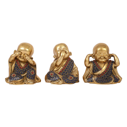 Brass Baby Laughing Buddha Monks 5 inch set of 3