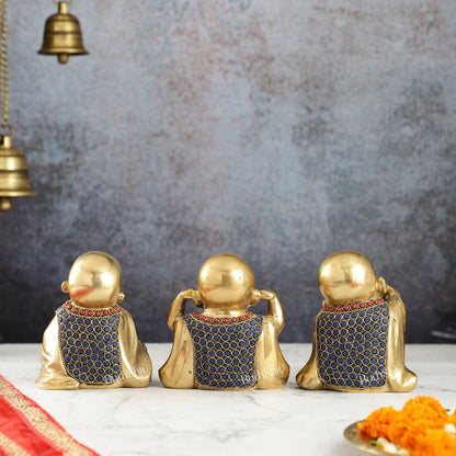 Brass Baby Laughing Buddha Monks 5 inch set of 3