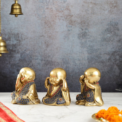 Brass Baby Laughing Buddha Monks 5 inch set of 3
