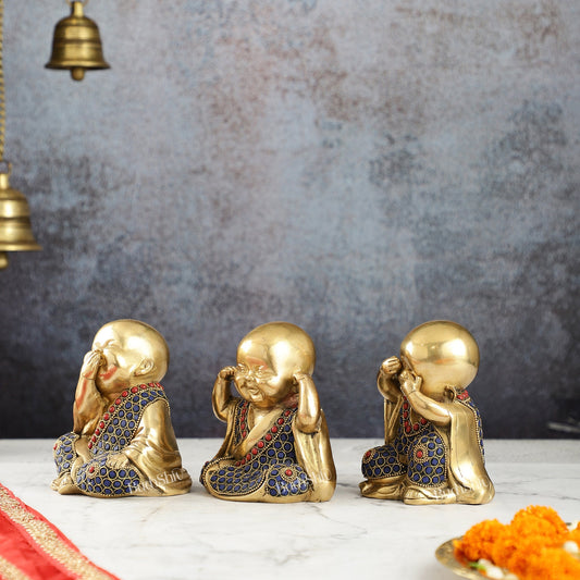 Brass Baby Laughing Buddha Monks 5 inch set of 3