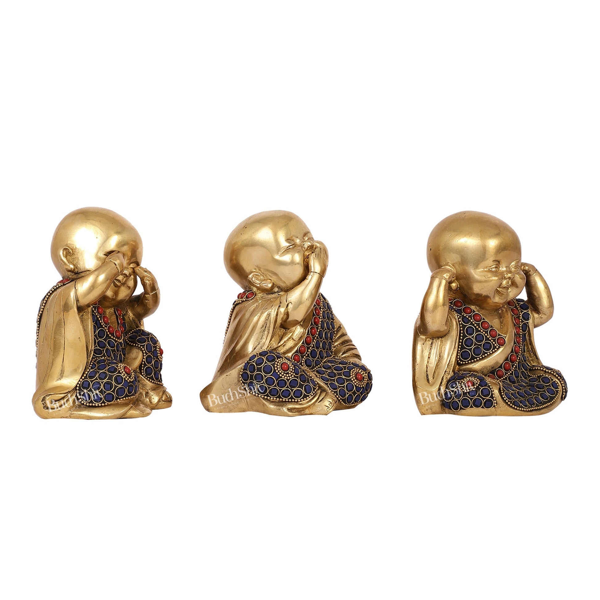 Brass Baby Laughing Buddha Monks 5 inch set of 3