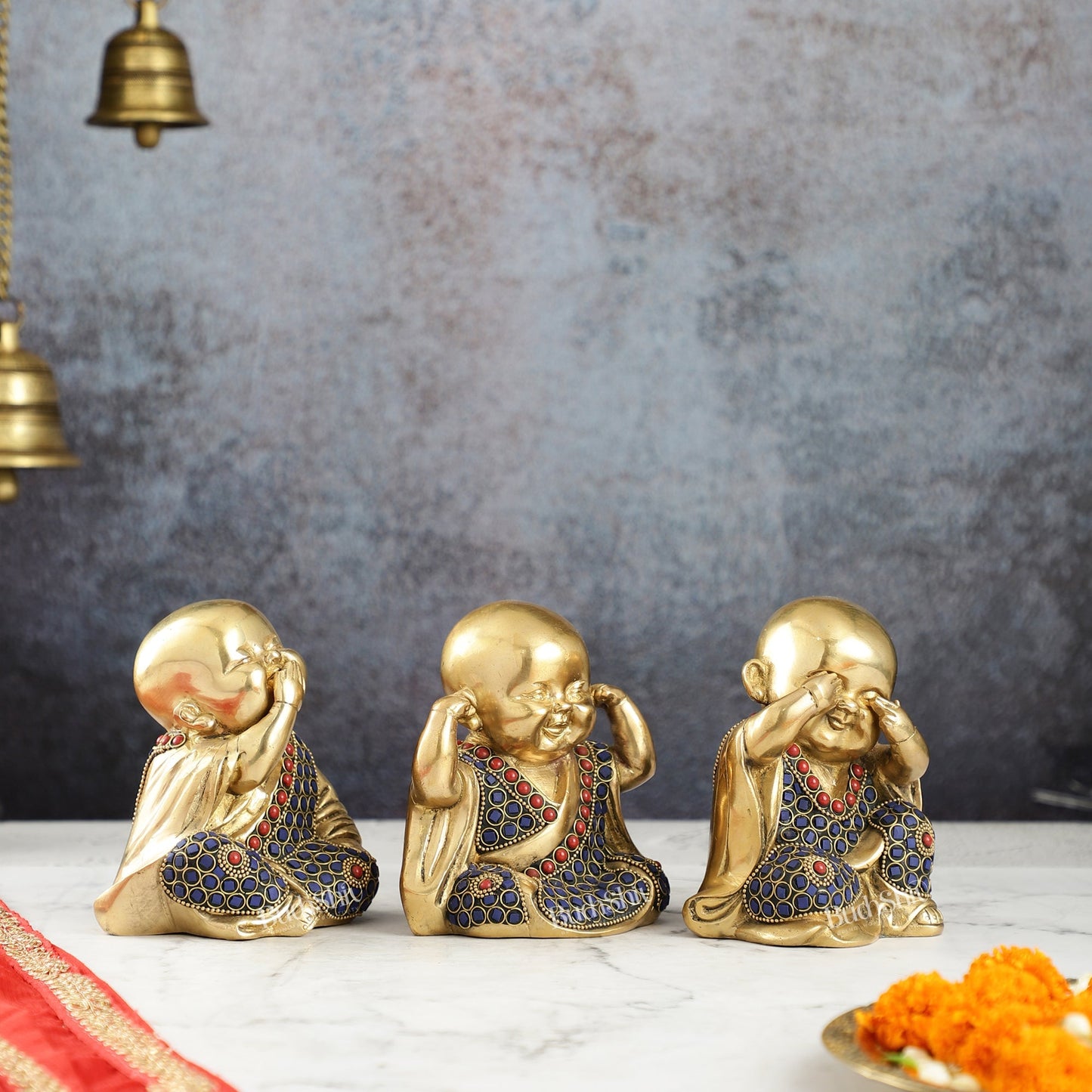 Brass Baby Laughing Buddha Monks 5 inch set of 3