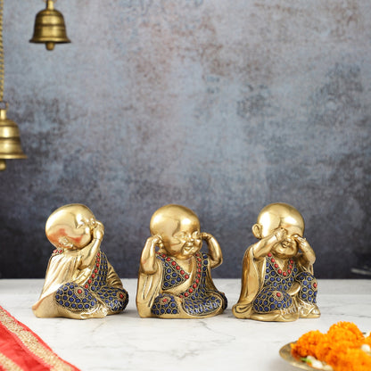 Brass Baby Laughing Buddha Monks 5 inch set of 3