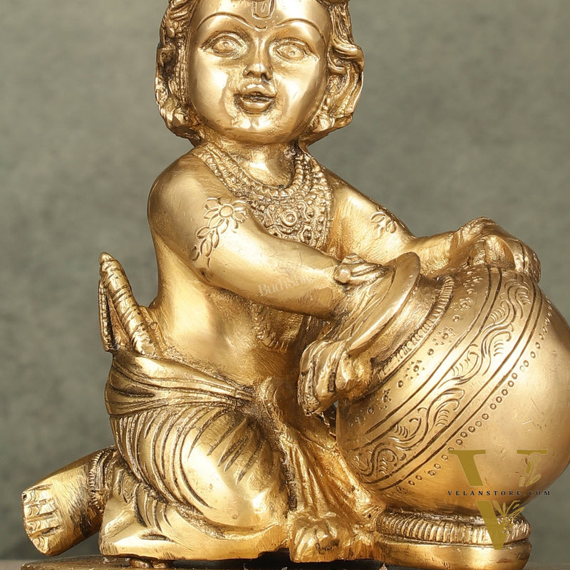 Brass Bal Gopal Makhan Chor - 7 inches | Divine Lord Krishna Idol