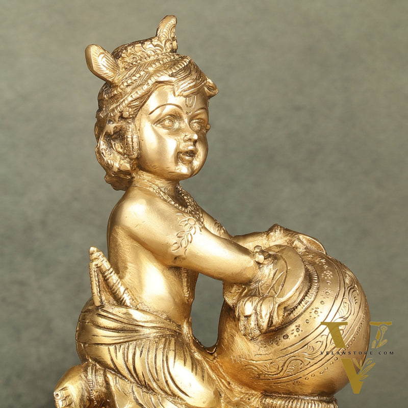 Brass Bal Gopal Makhan Chor - 7 inches | Divine Lord Krishna Idol