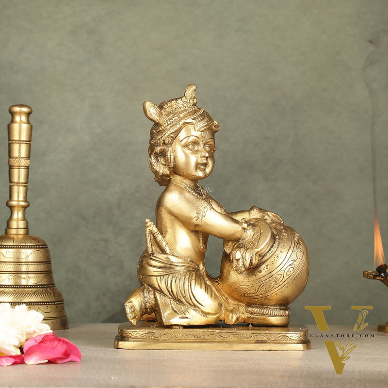 Brass Bal Gopal Makhan Chor - 7 inches | Divine Lord Krishna Idol