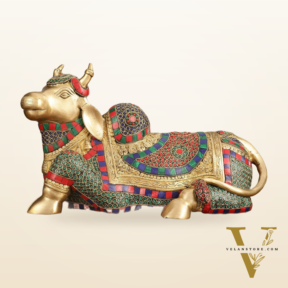 Brass beautiful Nandi Statue with Stonework - 15 inch