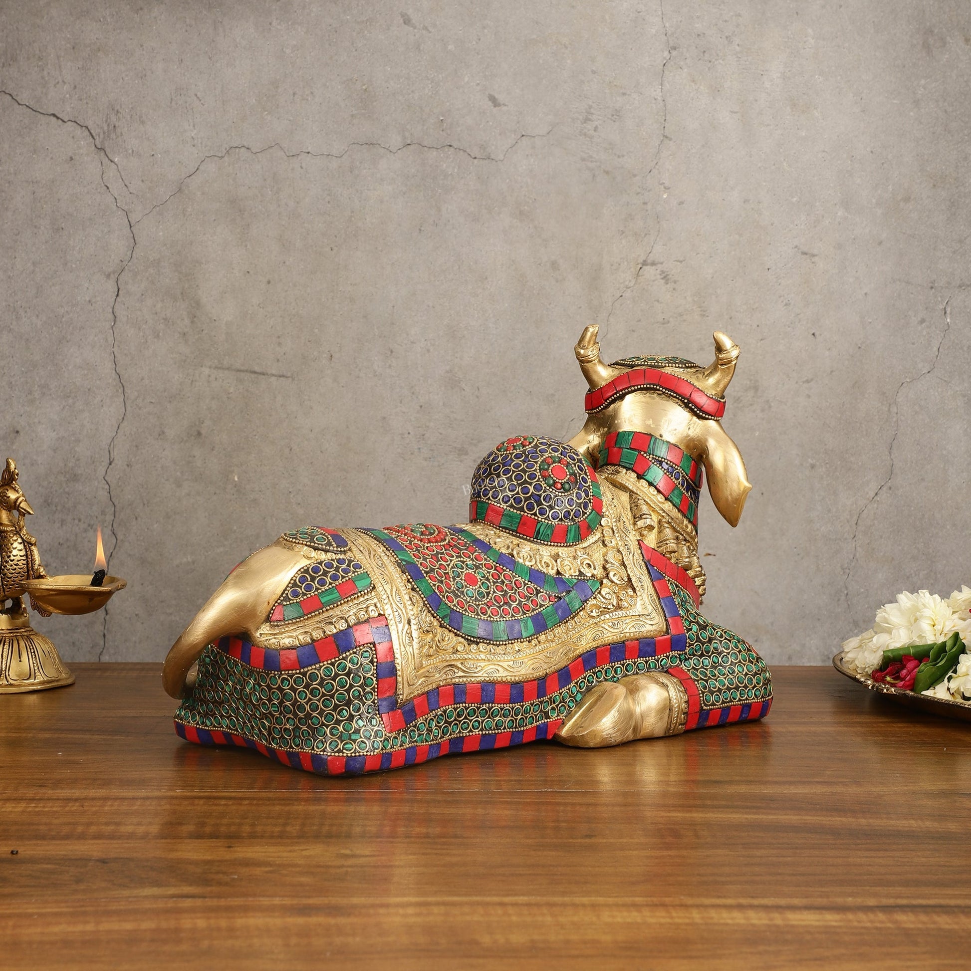 Brass beautiful Nandi Statue with Stonework - 15 inch