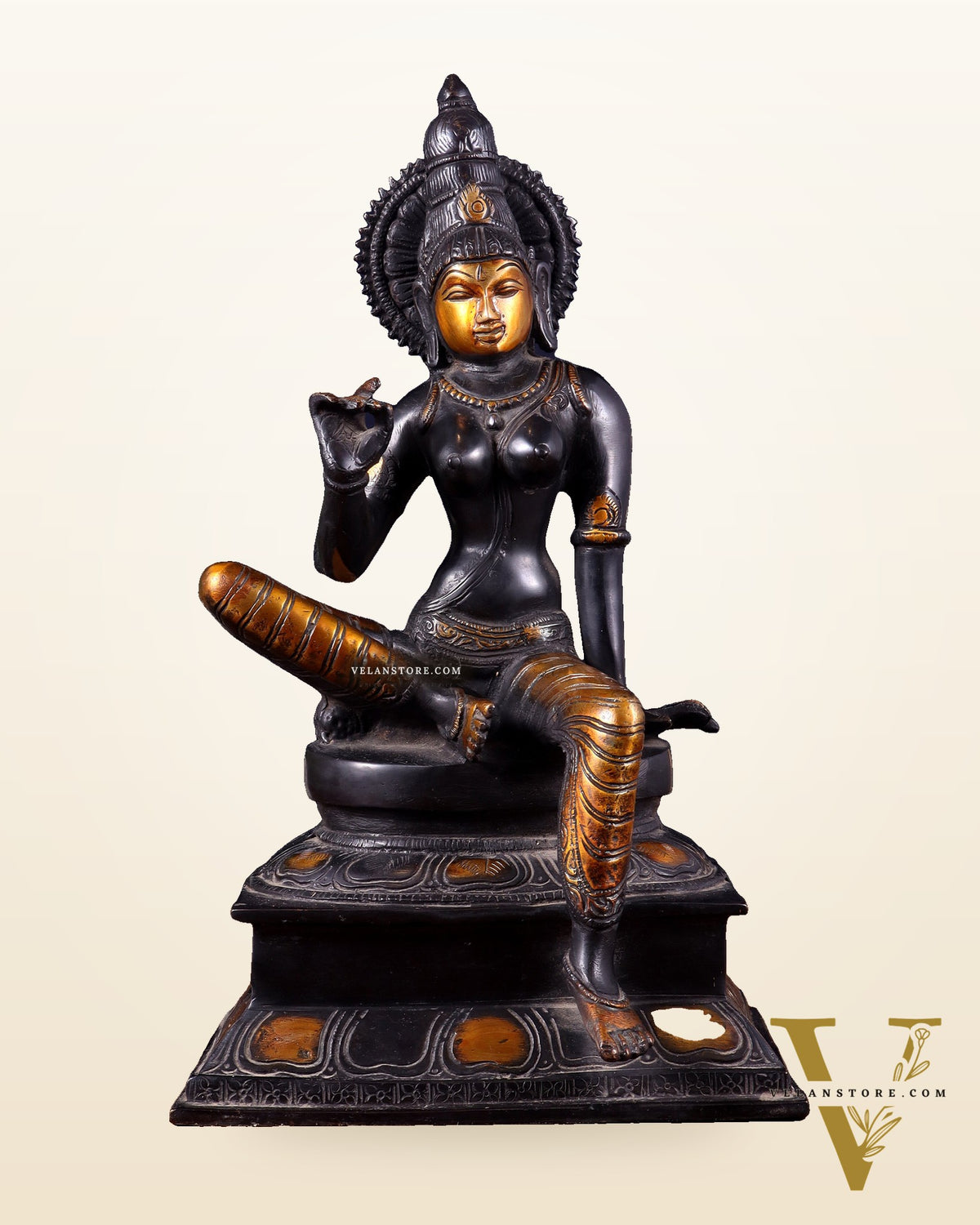 Brass Bhoga Shakti Goddess Uma Parvati Sitting Statue - Black Antique 12.5"