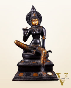 Brass Bhoga Shakti Goddess Uma Parvati Sitting Statue - Black Antique 12.5"
