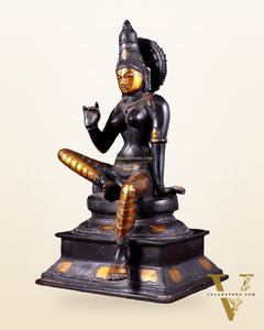 Brass Bhoga Shakti Goddess Uma Parvati Sitting Statue - Black Antique 12.5"