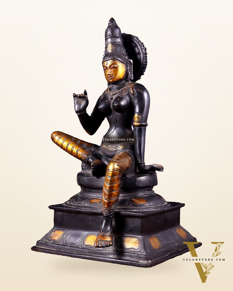 Brass Bhoga Shakti Goddess Uma Parvati Sitting Statue - Black Antique 12.5"