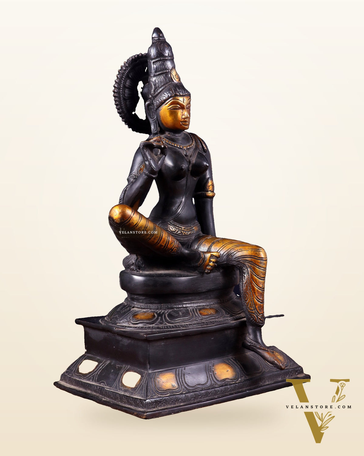Brass Bhoga Shakti Goddess Uma Parvati Sitting Statue - Black Antique 12.5"