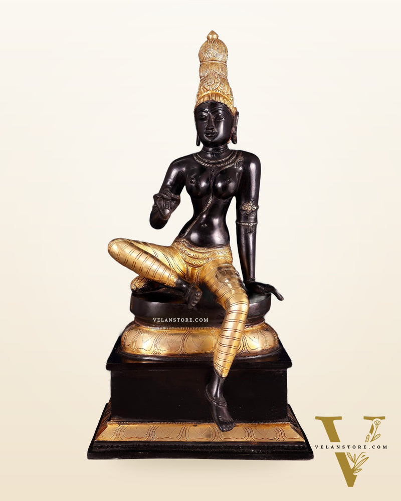 Brass Bhoga Shakti Seated Parvati Uma Devi Sculpture | Height: 20.5 inch black edition