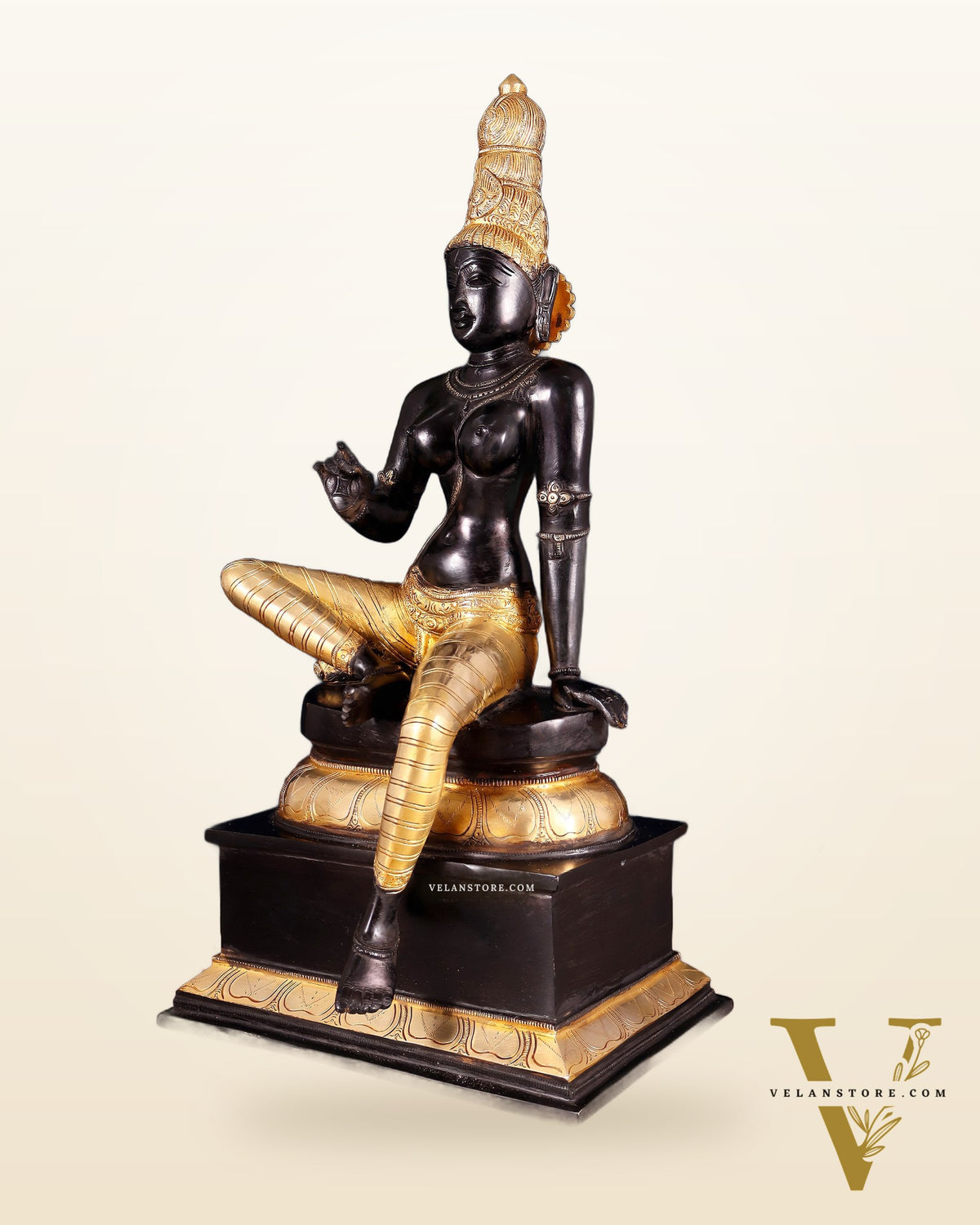 Brass Bhoga Shakti Seated Parvati Uma Devi Sculpture | Height: 20.5 inch black edition