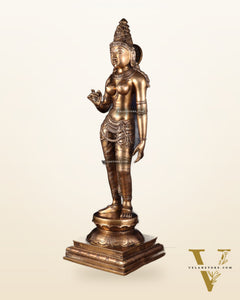 Brass Bhoga Shakti Uma Parvati Standing Sculpture – 27" Height