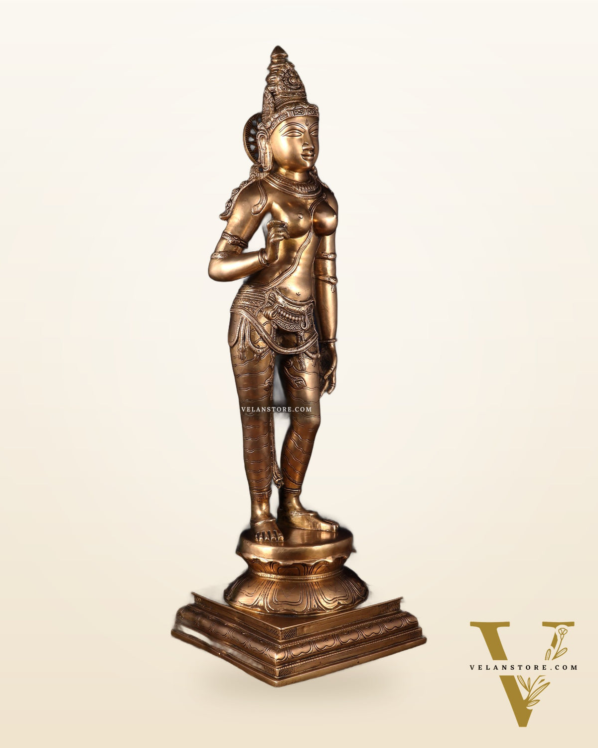 Brass Bhoga Shakti Uma Parvati Standing Sculpture – 27" Height