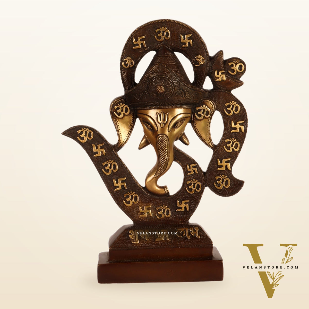 Brass Big Ganesha face on Om table accent Brown and golden 13"