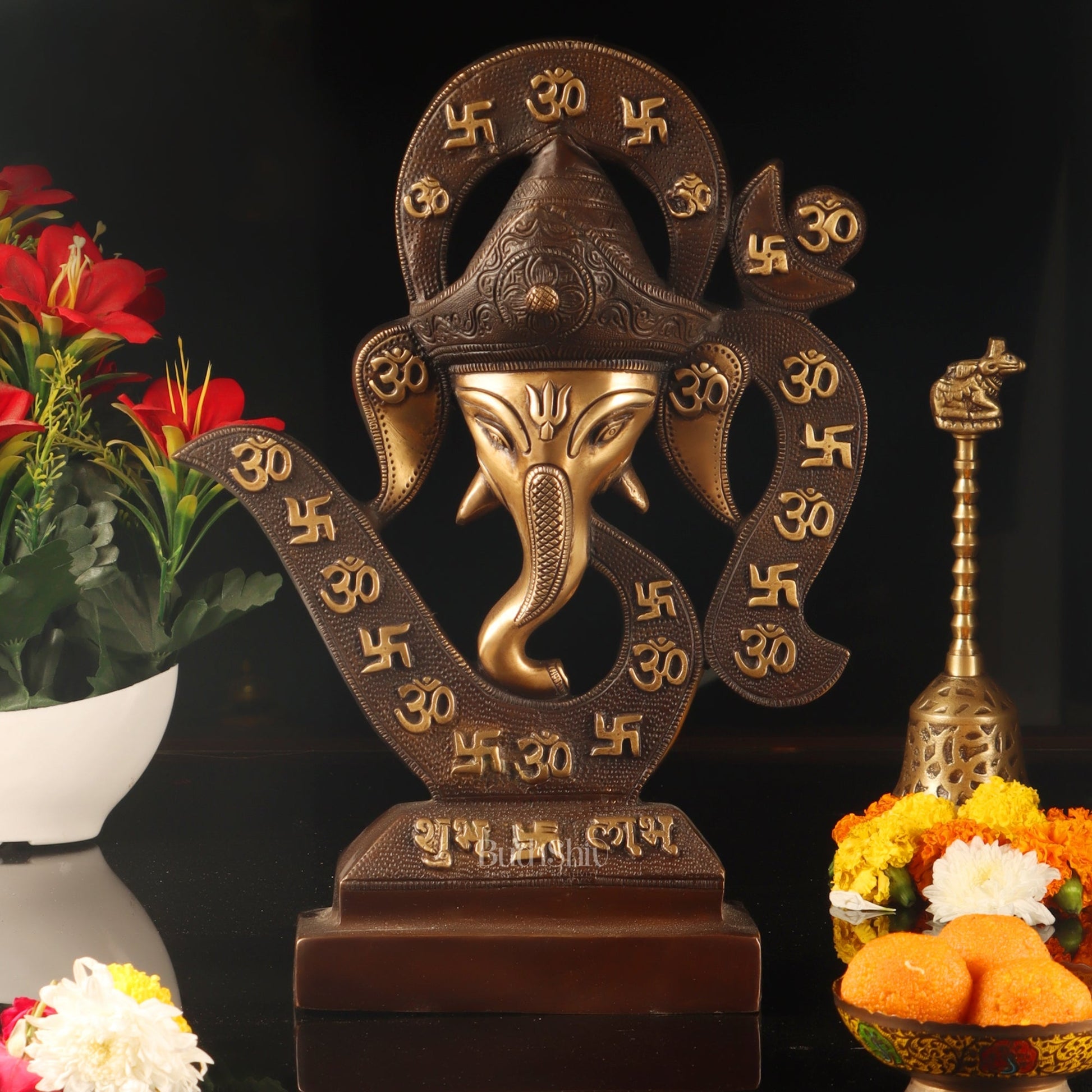Brass Big Ganesha face on Om table accent Brown and golden 13"