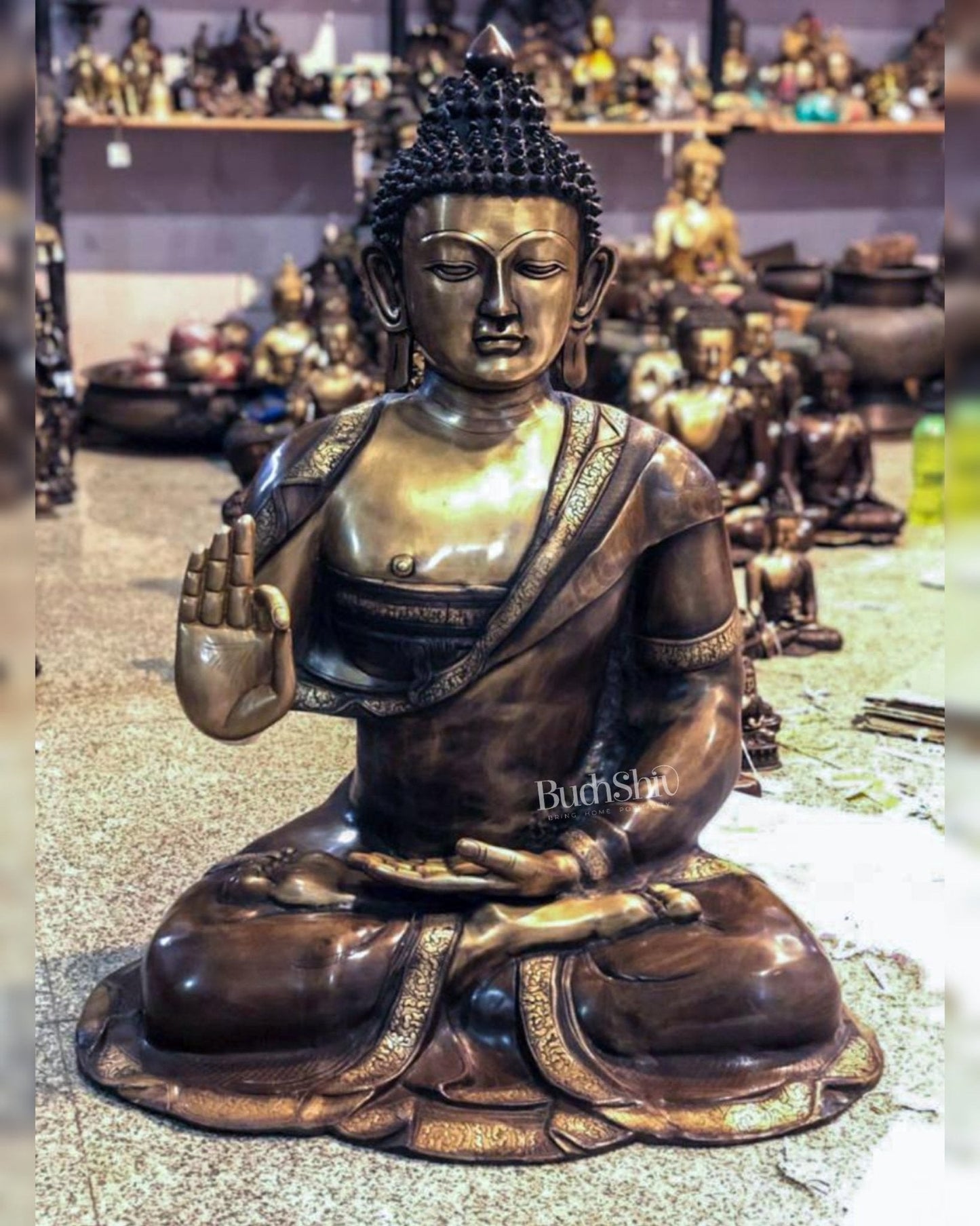 Brass Big-Size Buddha Statue with Abhaya Mudra | 36" Tall