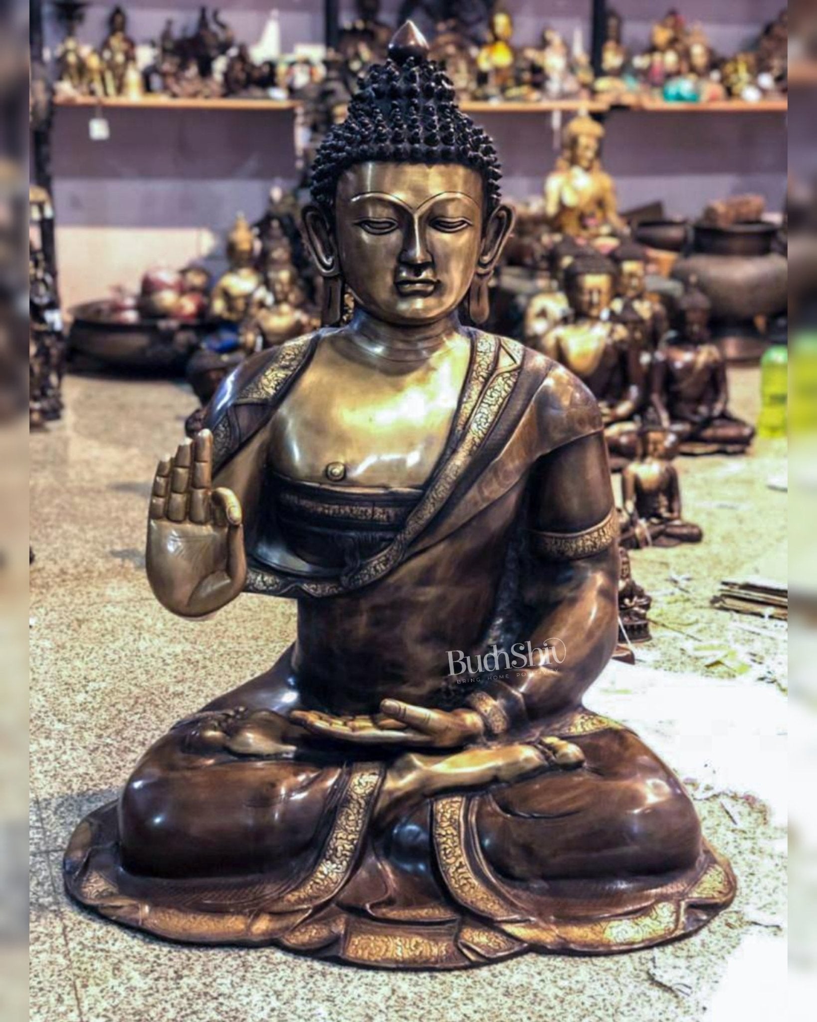 Brass Big-Size Buddha Statue with Abhaya Mudra | 36" Tall