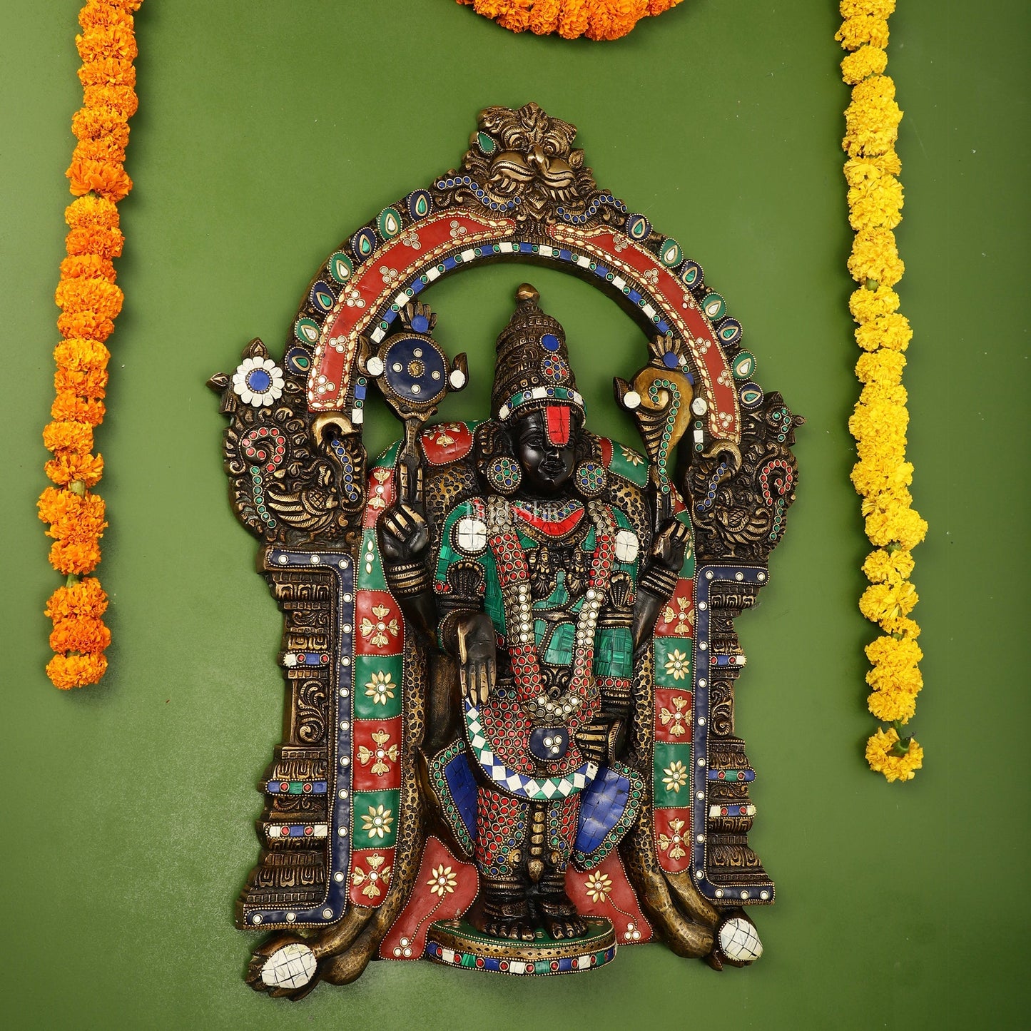 Brass Black Lord Venkateshwara Tirupati Balaji Wall Hanging - 26 Inch with stonework