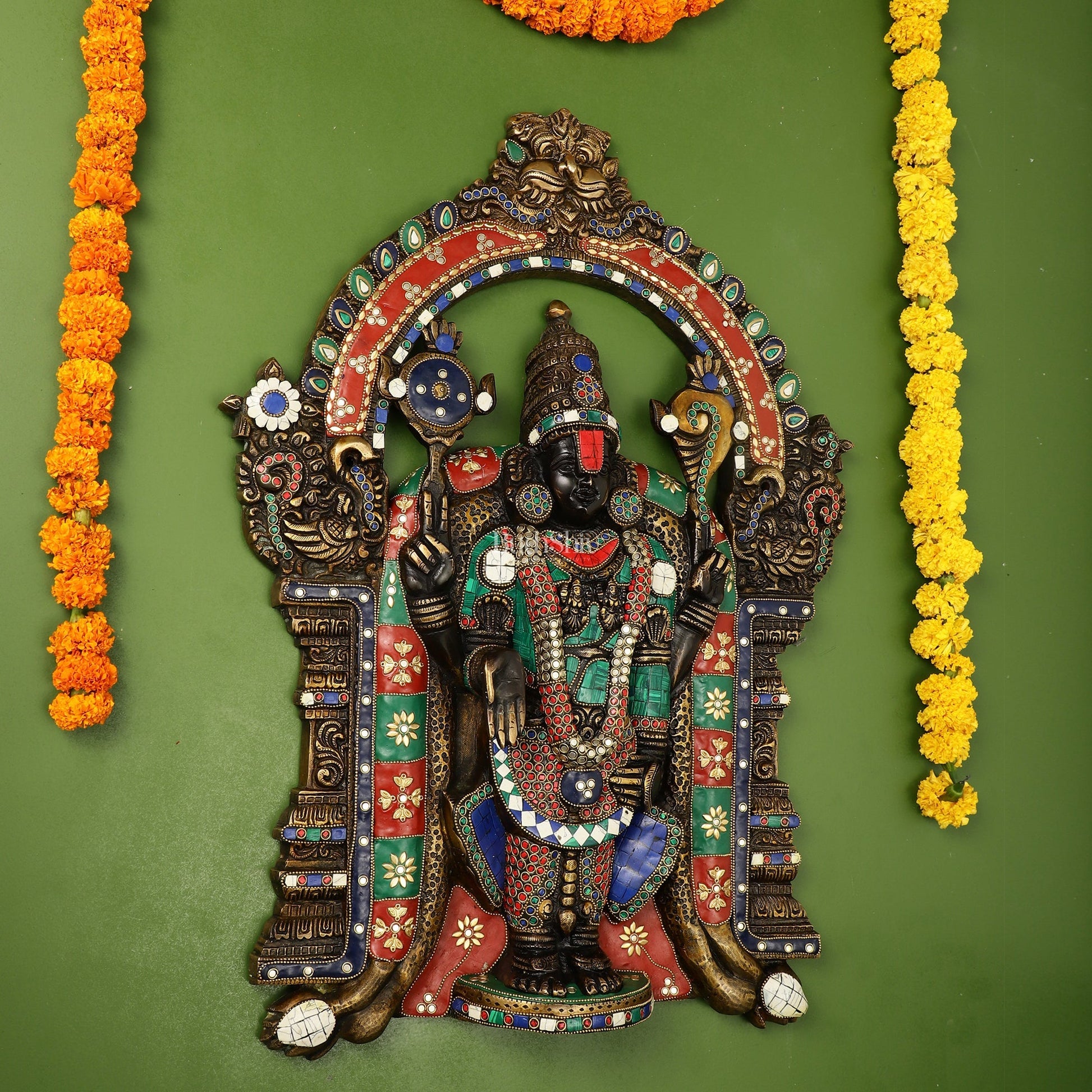 Brass Black Lord Venkateshwara Tirupati Balaji Wall Hanging - 26 Inch with stonework