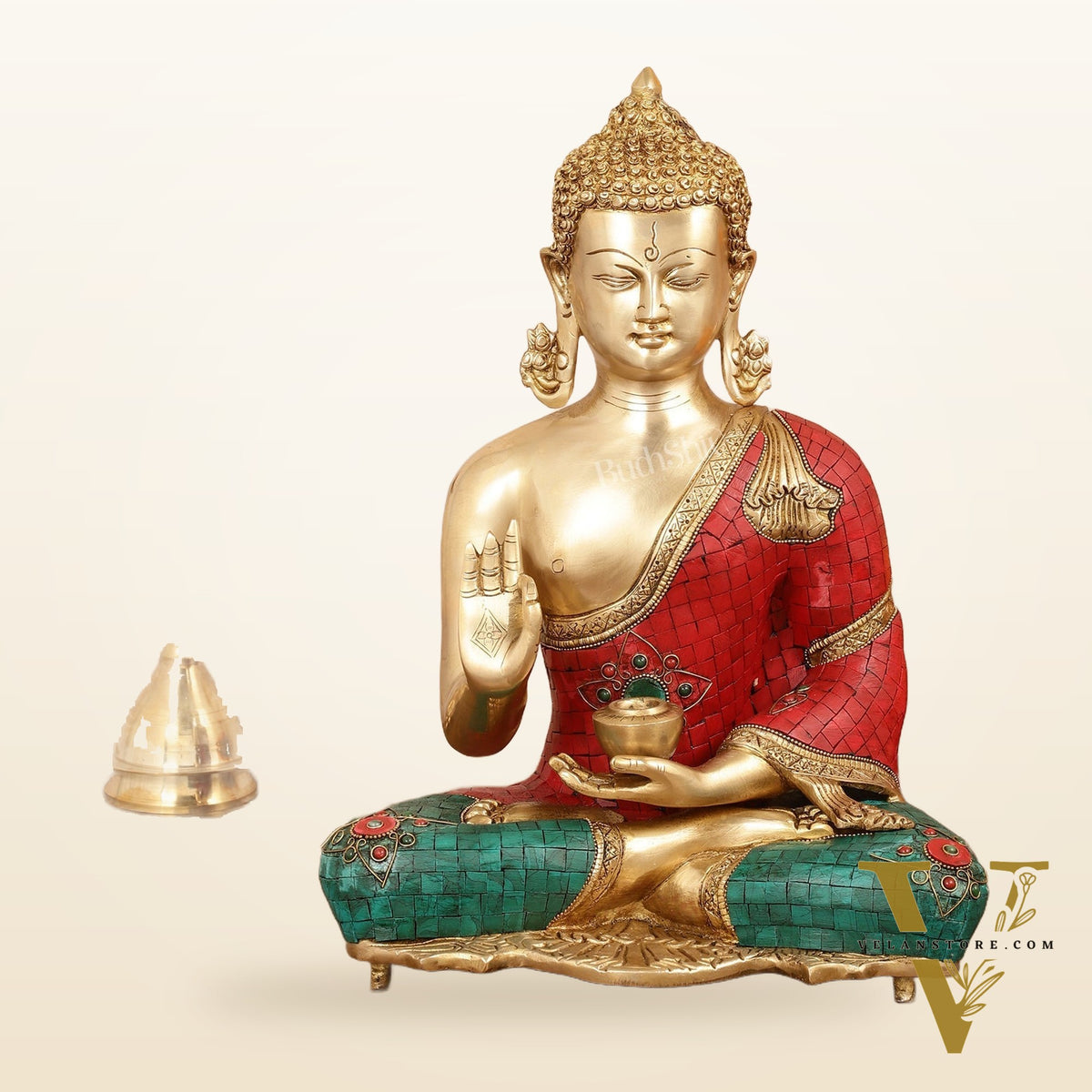 Brass Blessing Buddha idol with red green Stonework 16"