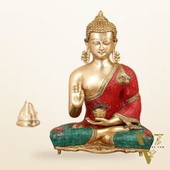 Brass Blessing Buddha idol with red green Stonework 16"