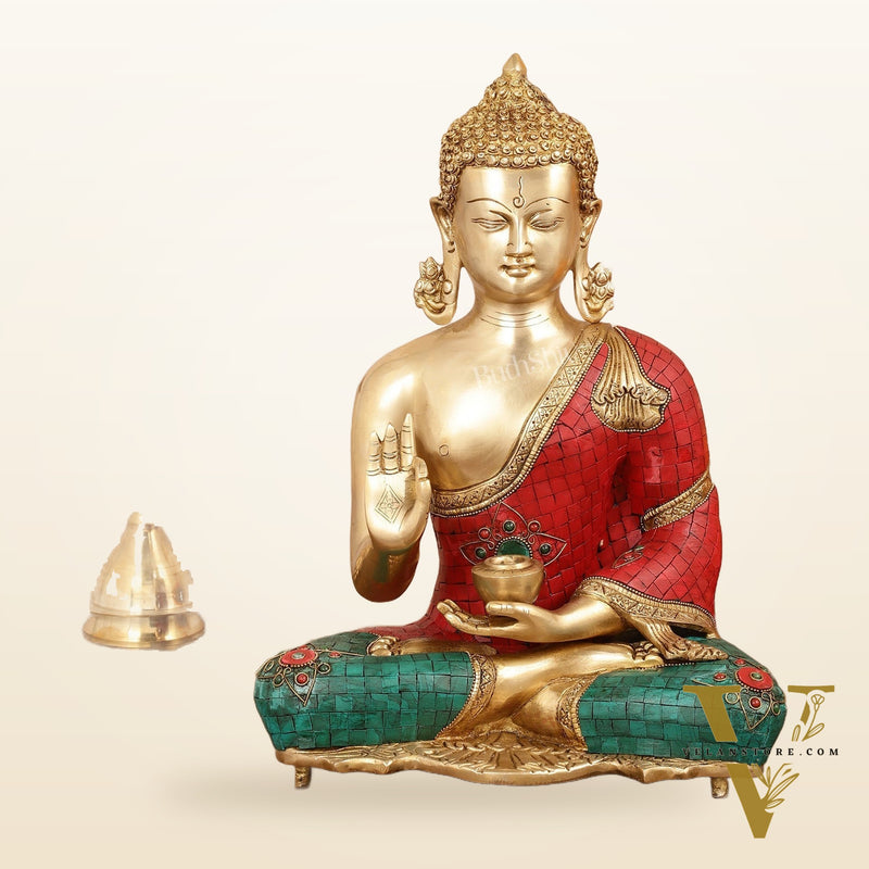 Brass Blessing Buddha idol with red green Stonework 16"