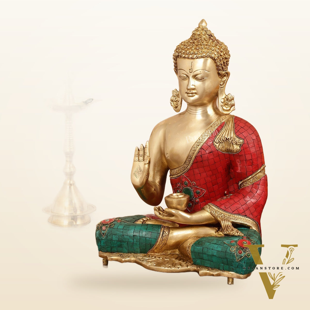 Brass Blessing Buddha idol with red green Stonework 16"
