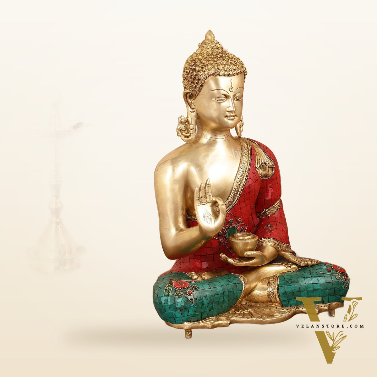 Brass Blessing Buddha idol with red green Stonework 16"