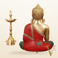 Brass Blessing Buddha idol with red green Stonework 16"