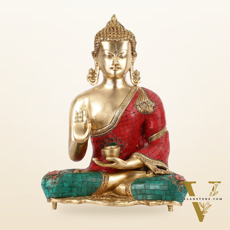 Brass Blessing Buddha idol with red green Stonework 16"