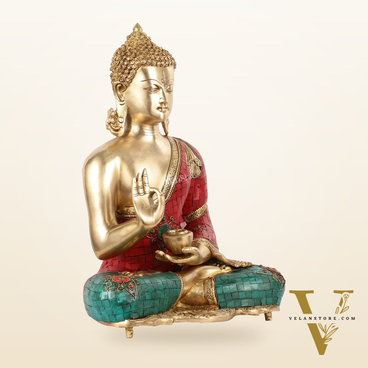 Brass Blessing Buddha idol with red green Stonework 16"