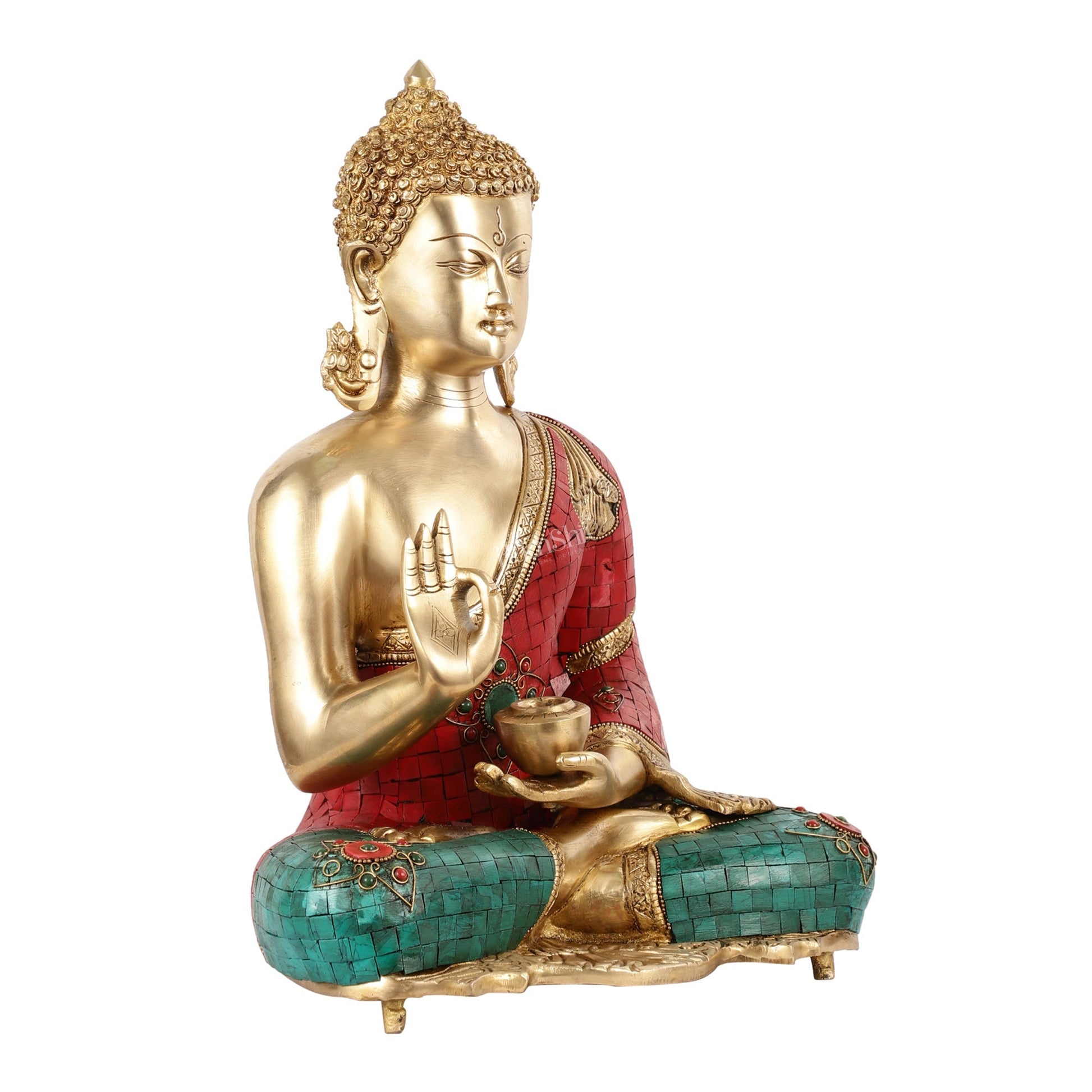 Brass Blessing Buddha idol with red green Stonework 16"