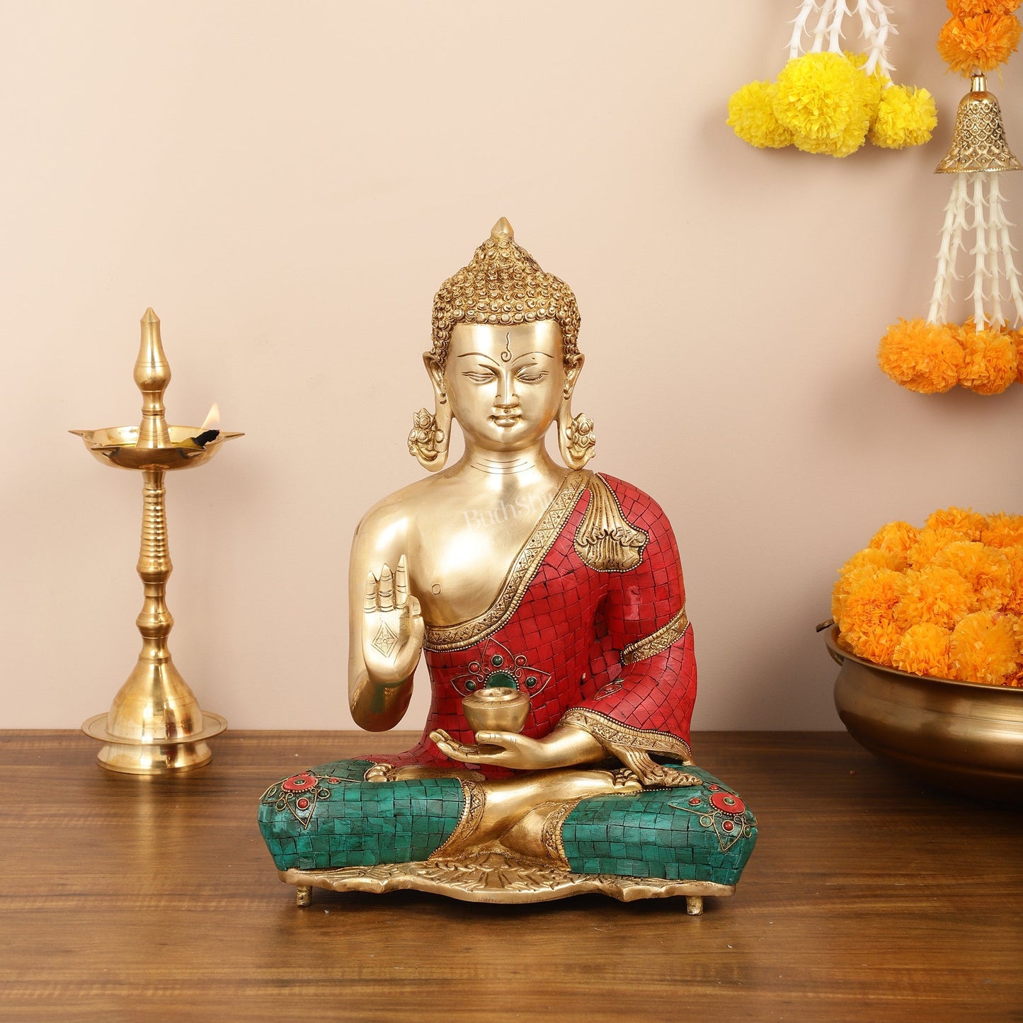 Brass Blessing Buddha idol with red green Stonework 16"