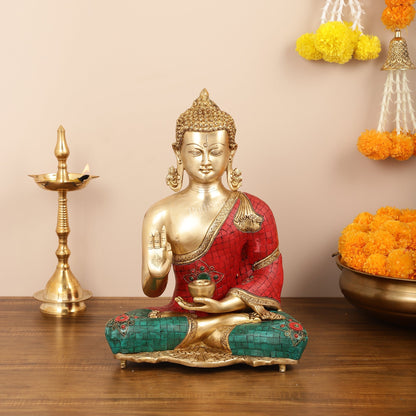 Brass Blessing Buddha idol with red green Stonework 16"