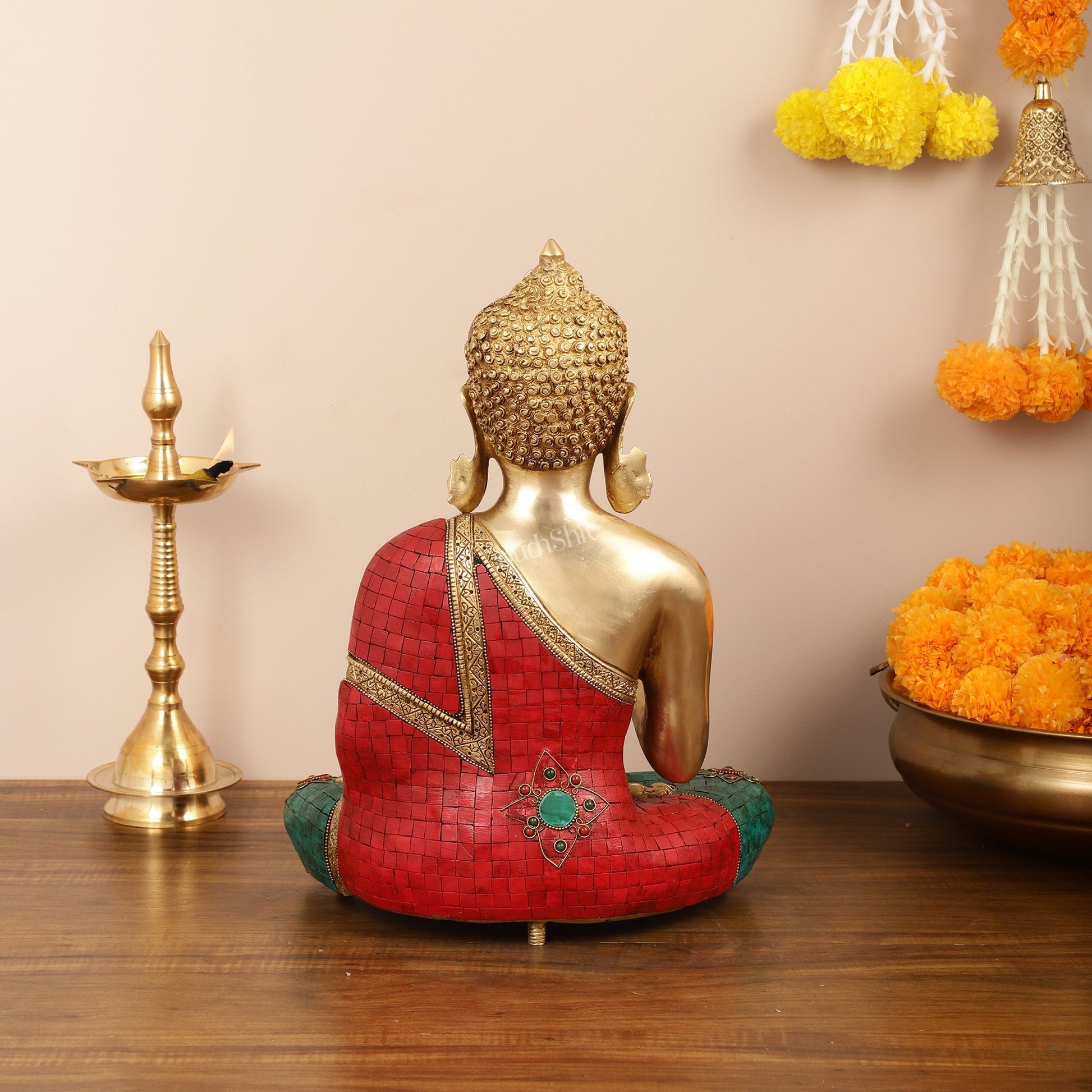 Brass Blessing Buddha idol with red green Stonework 16"