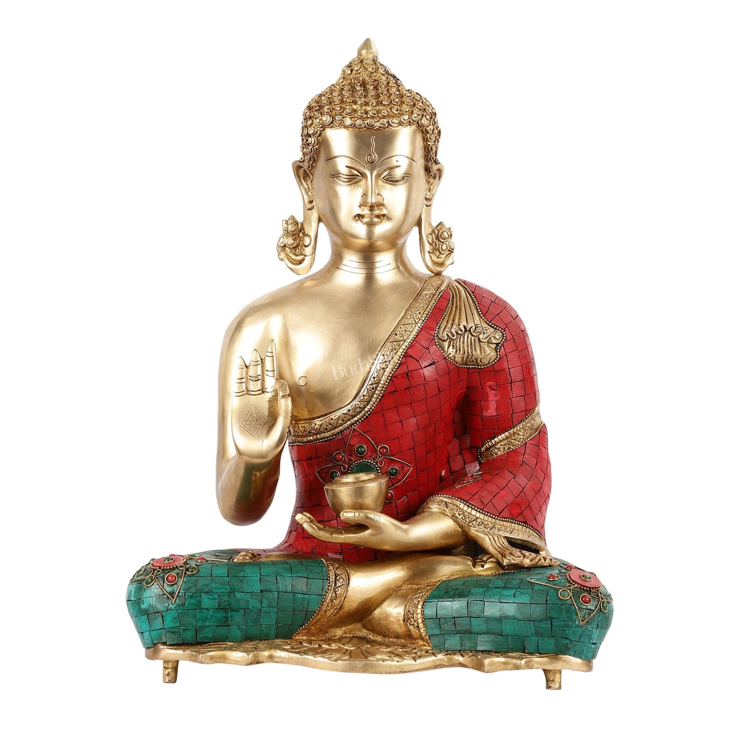Brass Blessing Buddha idol with red green Stonework 16"